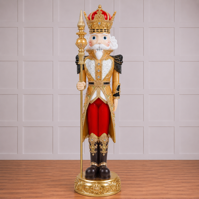 Decorative nutcracker figure with a crown, holding a staff, on a wooden floor.