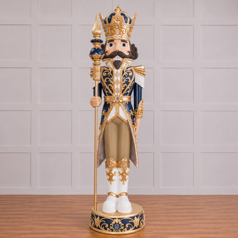 Decorative nutcracker figurine with royal attire on a wooden floor.
