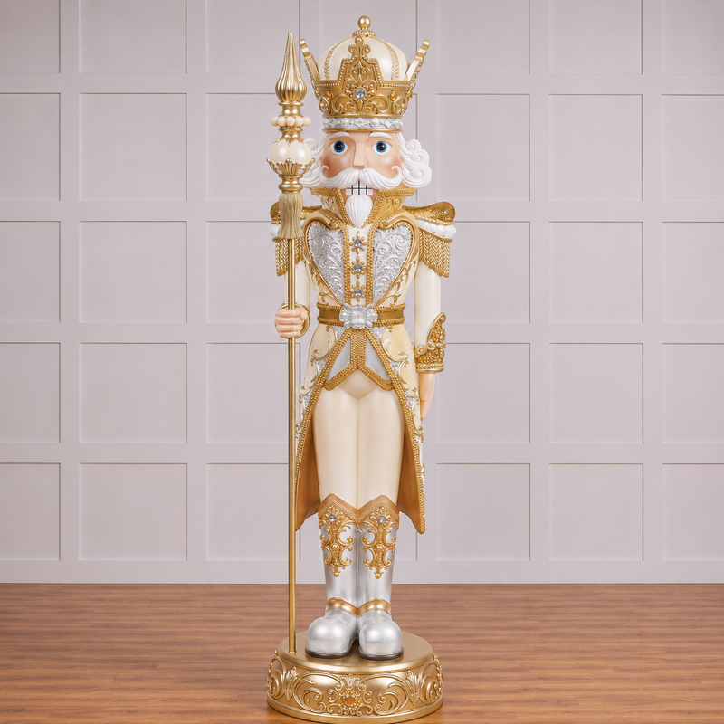 Decorative nutcracker figure with gold and white attire on a wooden surface.