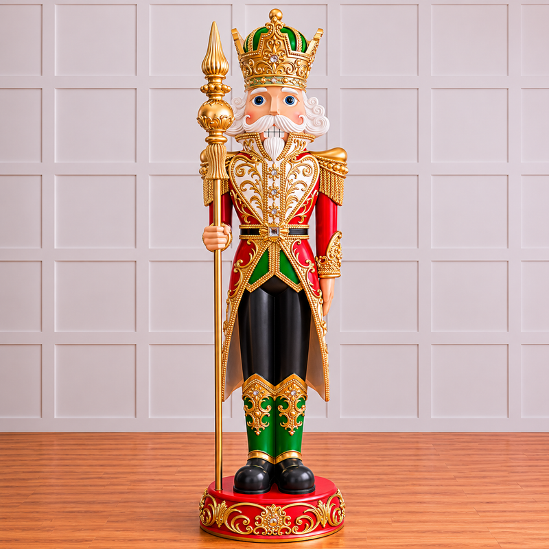 Decorative figurine of a king with a crown, holding a scepter, against a tiled wall.