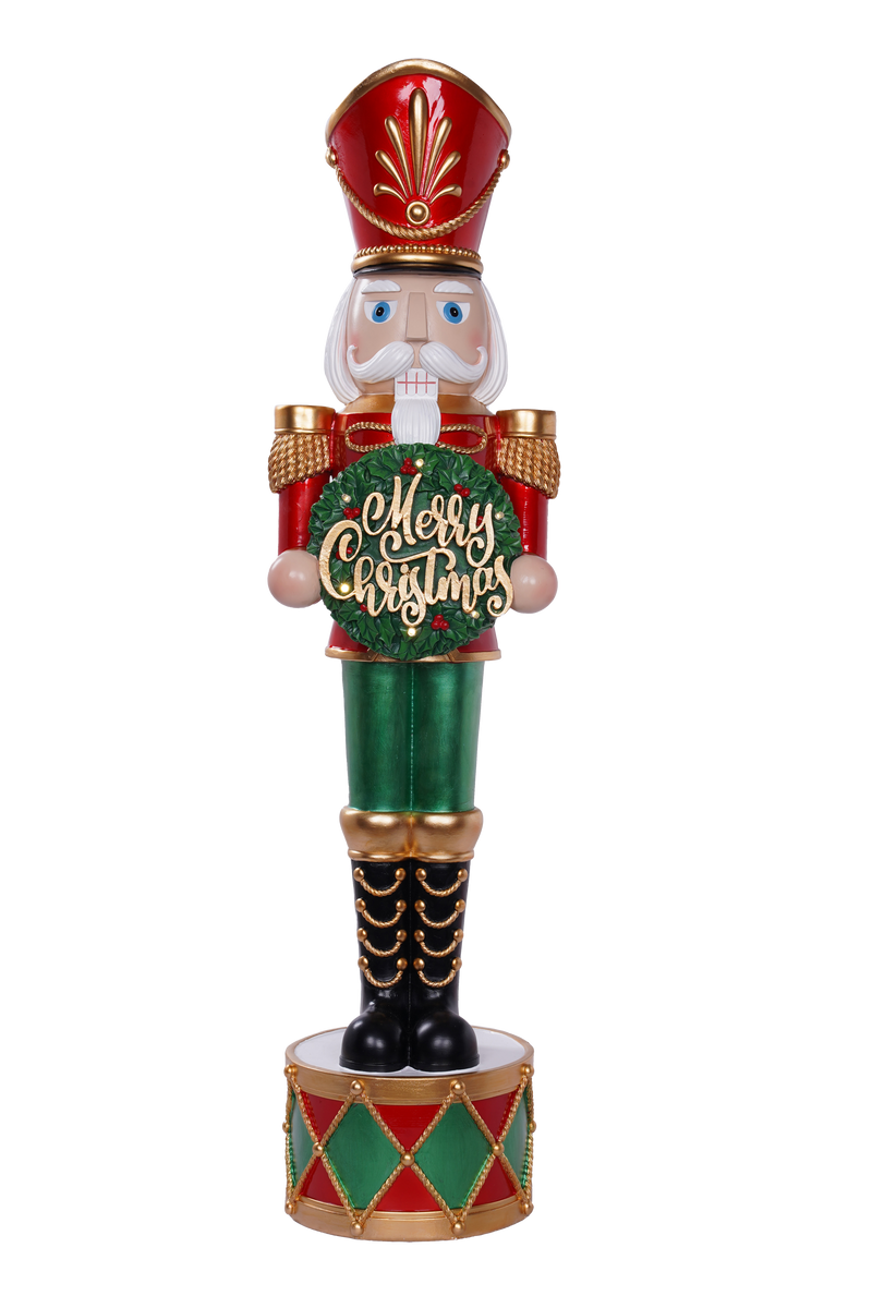 3 FT LED Red & Green Nutcracker On Drum With Holly Wreath