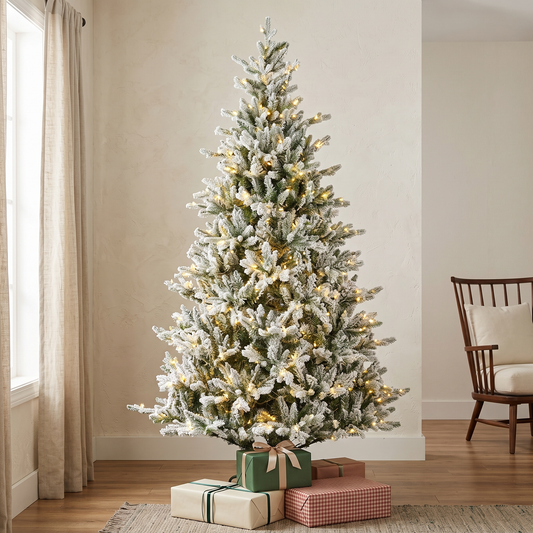 Artificial Snowy Allison Pine Christmas tree with pre-lit warm white and multicolor LED lights, placed in a room setting with presents in front.