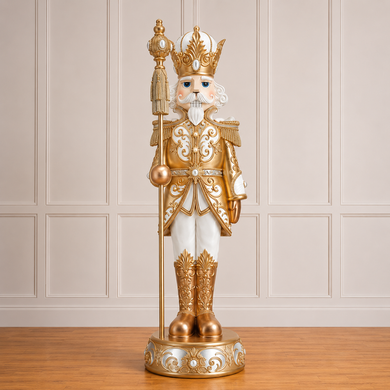 Decorative nutcracker figure with gold and white attire on a wooden floor.