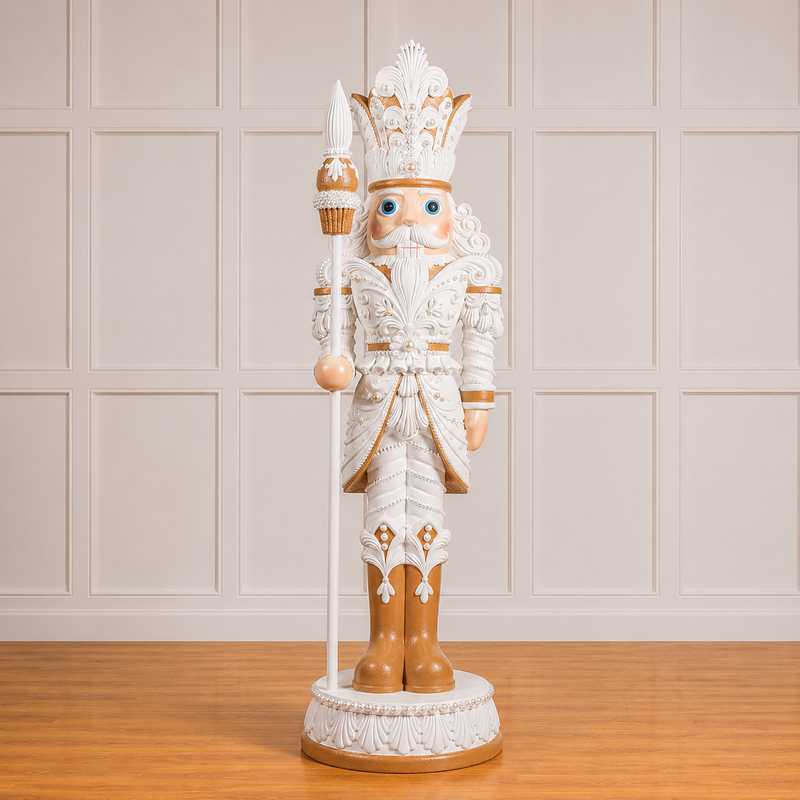 Decorative nutcracker figure with white and gold attire on a wooden floor.