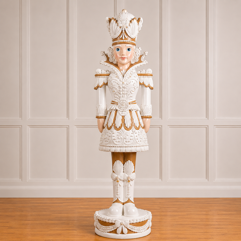 Decorative figure in intricate white and gold costume on a wooden floor with paneled wall background
