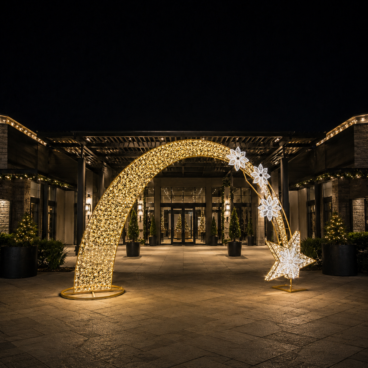 Arco LED blanco cálido de 4.57 m x 2.44 m con estrellas