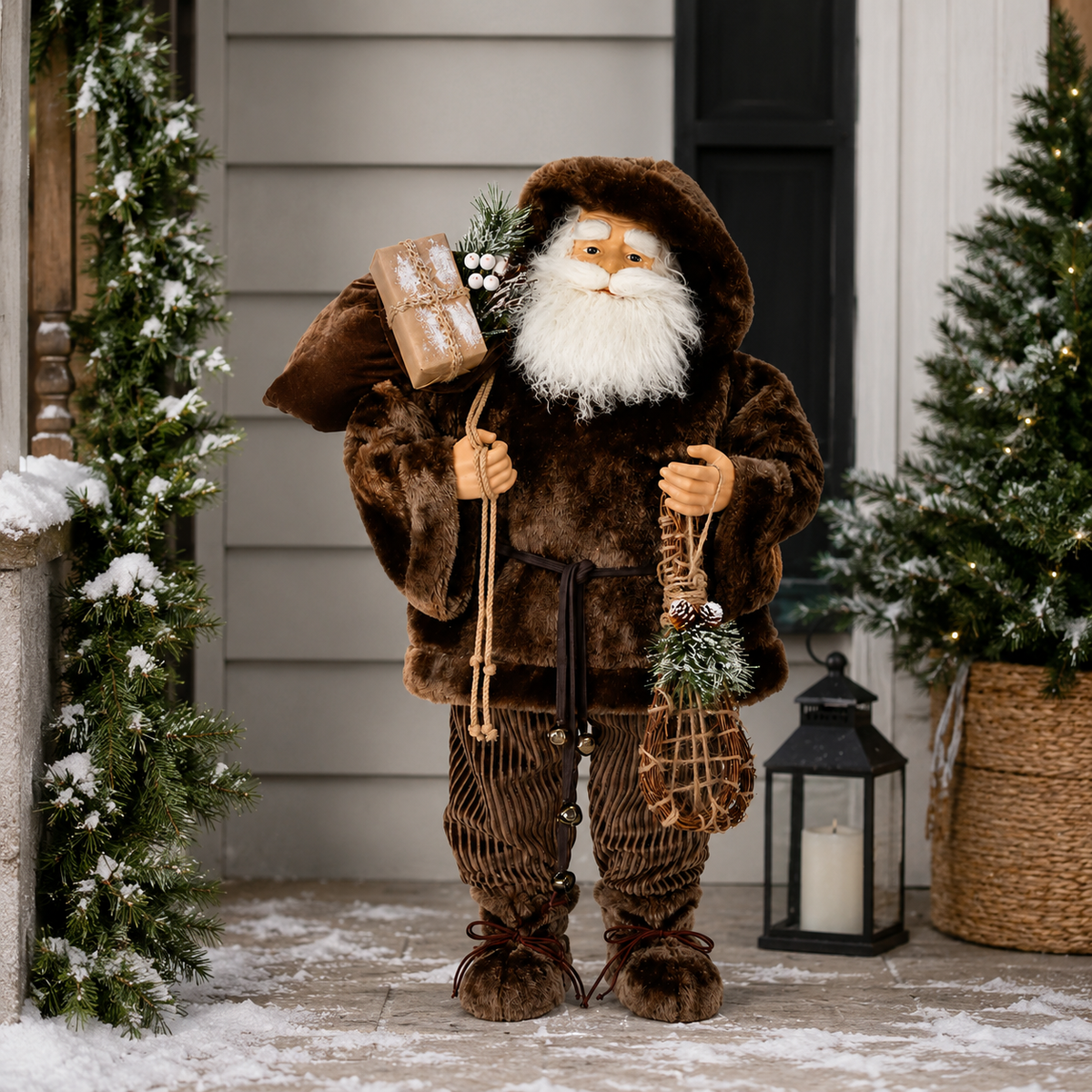 3 FT Brown Fur Lodge Santa With Presents