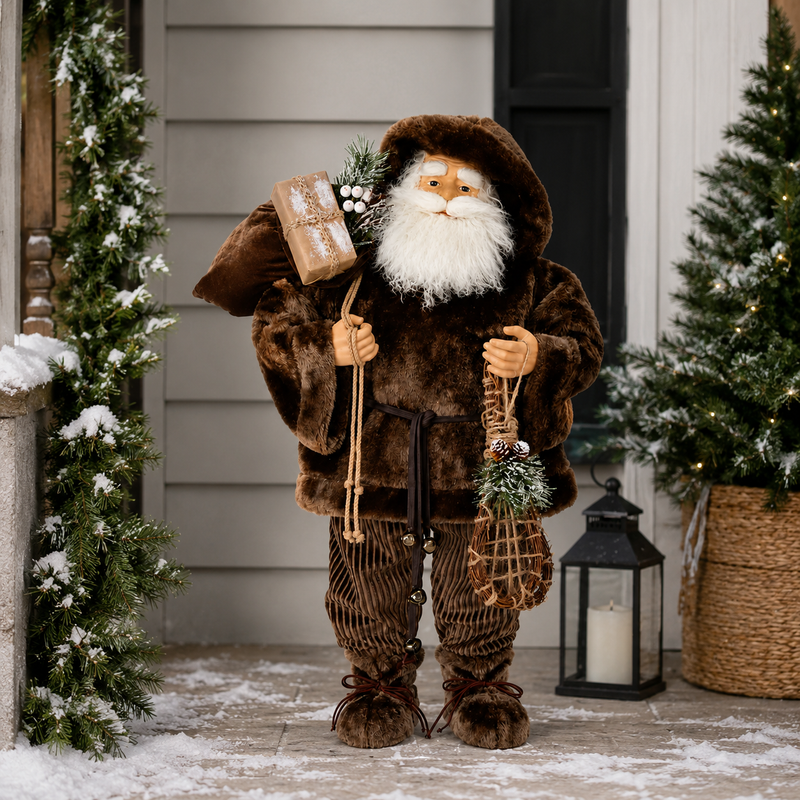 3 FT Brown Fur Lodge Santa With Presents