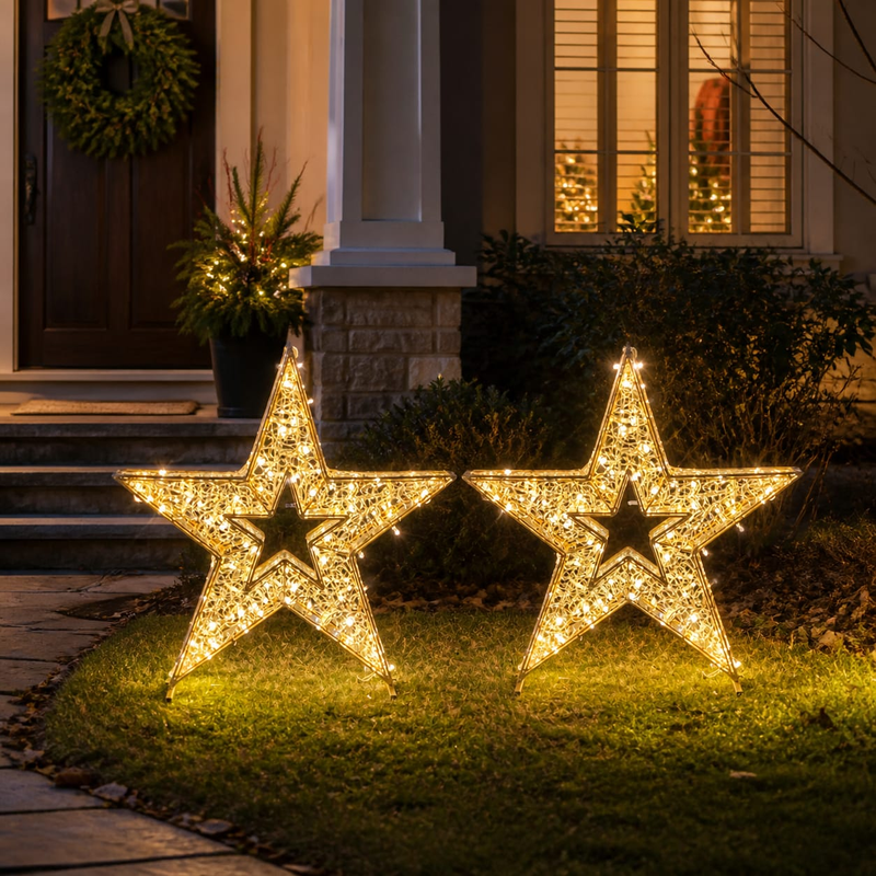 Estrella 3D de 3 pies Blanco Cálido con Efecto Intermitente Blanco Frío Juego de 2