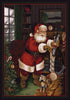 Illustration of Santa Claus in a cozy room with books and a clock.