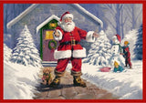 Santa Claus in a snowy village scene with children and a dog.