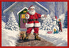 Santa Claus in a snowy village scene with children and a dog.