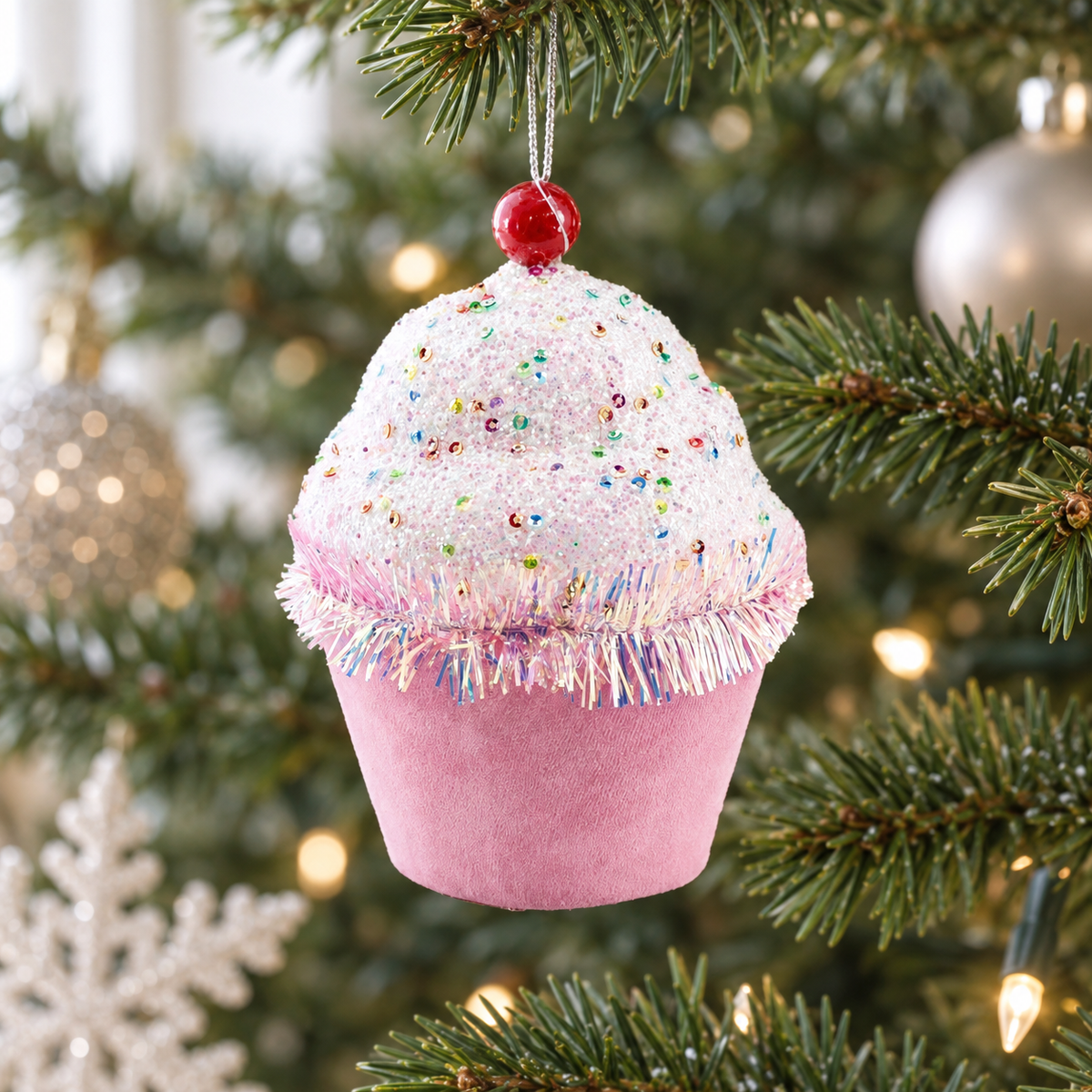 Juego de 4 cupcakes rosas con chispas de 5"