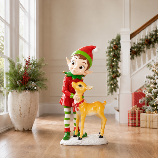 5 FT Lighted Standing Elf With Deer Battery Operated