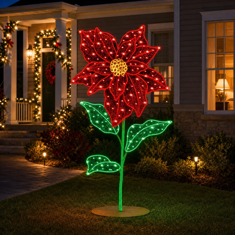 8 FT Green & Red LED Poinsettia Twinkle Effect
