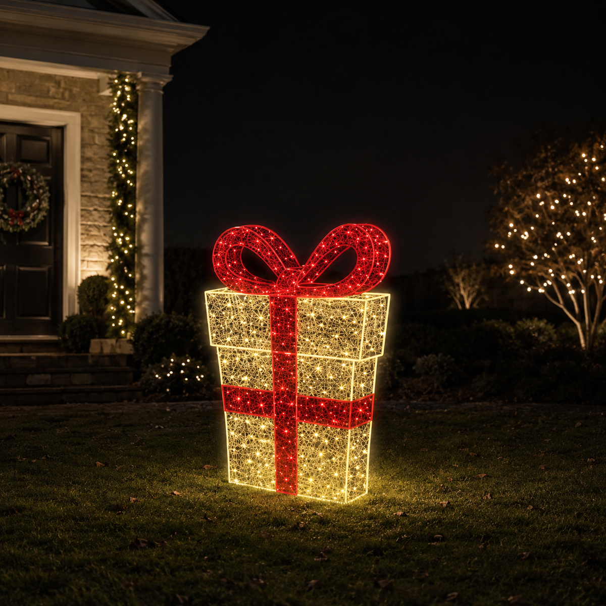4 FT Warm White & Cool White LED Gift Box With Bow Twinkle Effect