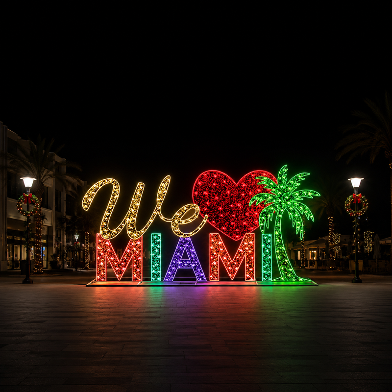 6 FT LED 'We Love Miami' With Palm Tree Sign Twinkle Effect