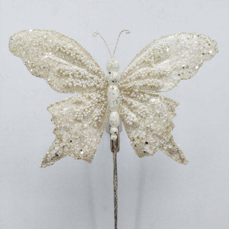 Set de 6 mariposas de 9" en purpurina color marfil