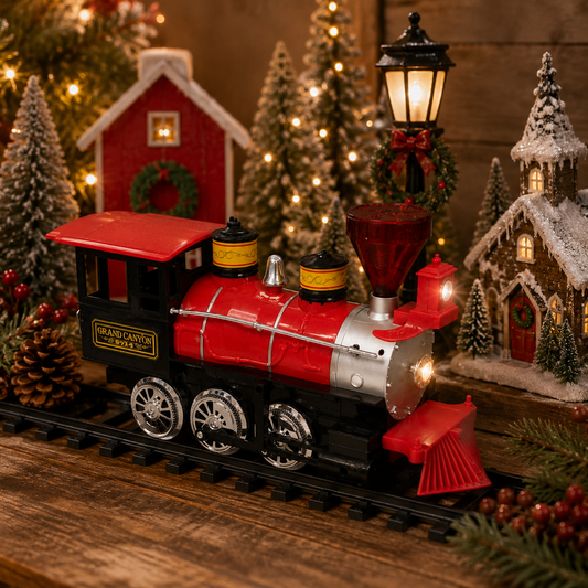 Red toy train on tracks with Christmas decorations in the background