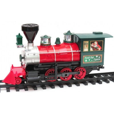 Model train set on tracks with a red and green engine
