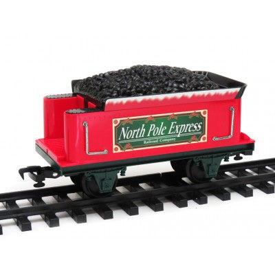 Red train car with 'North Pole Express' on a white background