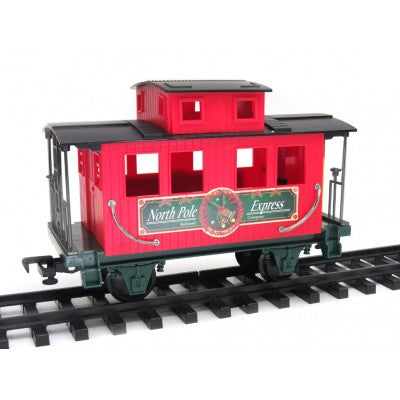 Red toy train car with 'North Pole Express' on a white background