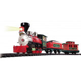 Model train set with red and green engine on a white background