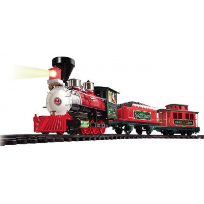 Model train set with red and green engine on a white background