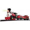 Model train set with red and green engine on a white background
