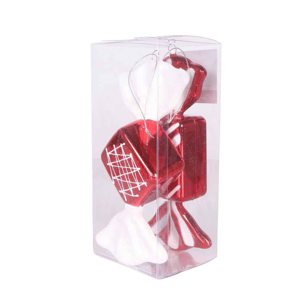 4" Red & White Shiny Candy Ornament Set Of 6