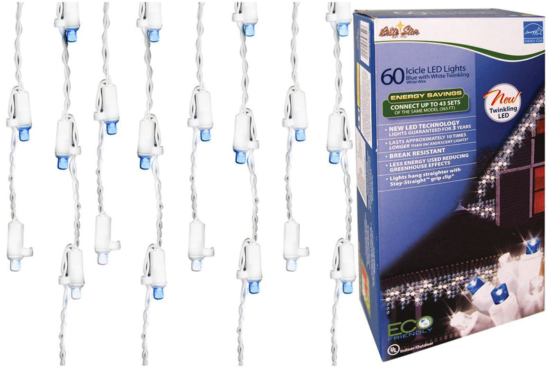 Luces de carámbano de 8 FT y 60 LED azul y blanco con cable blanco