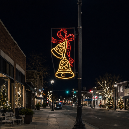 6.5 FT X 3 FT Warm White LED Bells With Red Bow Pole Banner