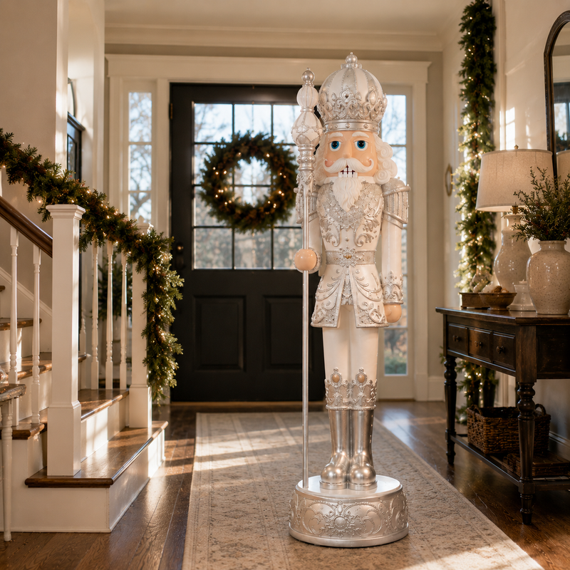 6 FT White & Silver King Nutcracker With Music & Warm White LED Lights