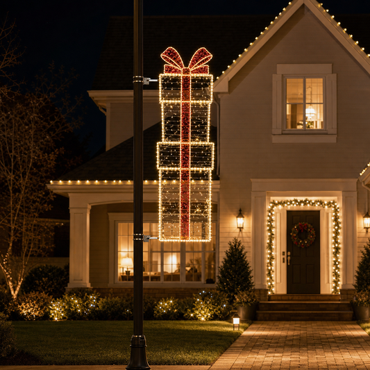 6.5 FT X 2.5 FT Warm White LED Presents With Red Bow Pole Banner