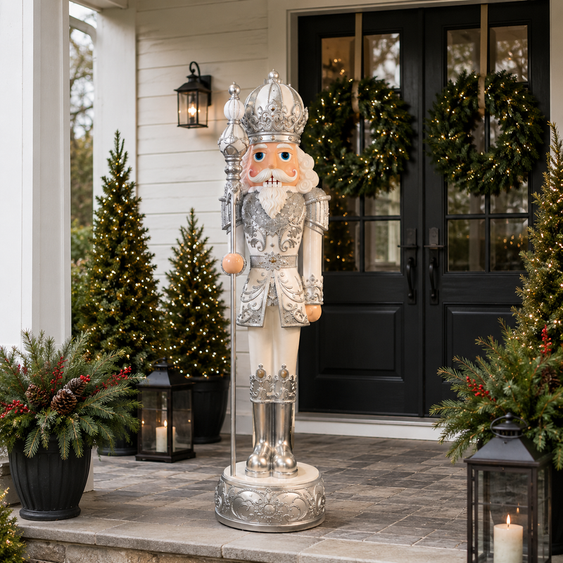 6 FT White & Silver King Nutcracker With Music & Warm White LED Lights