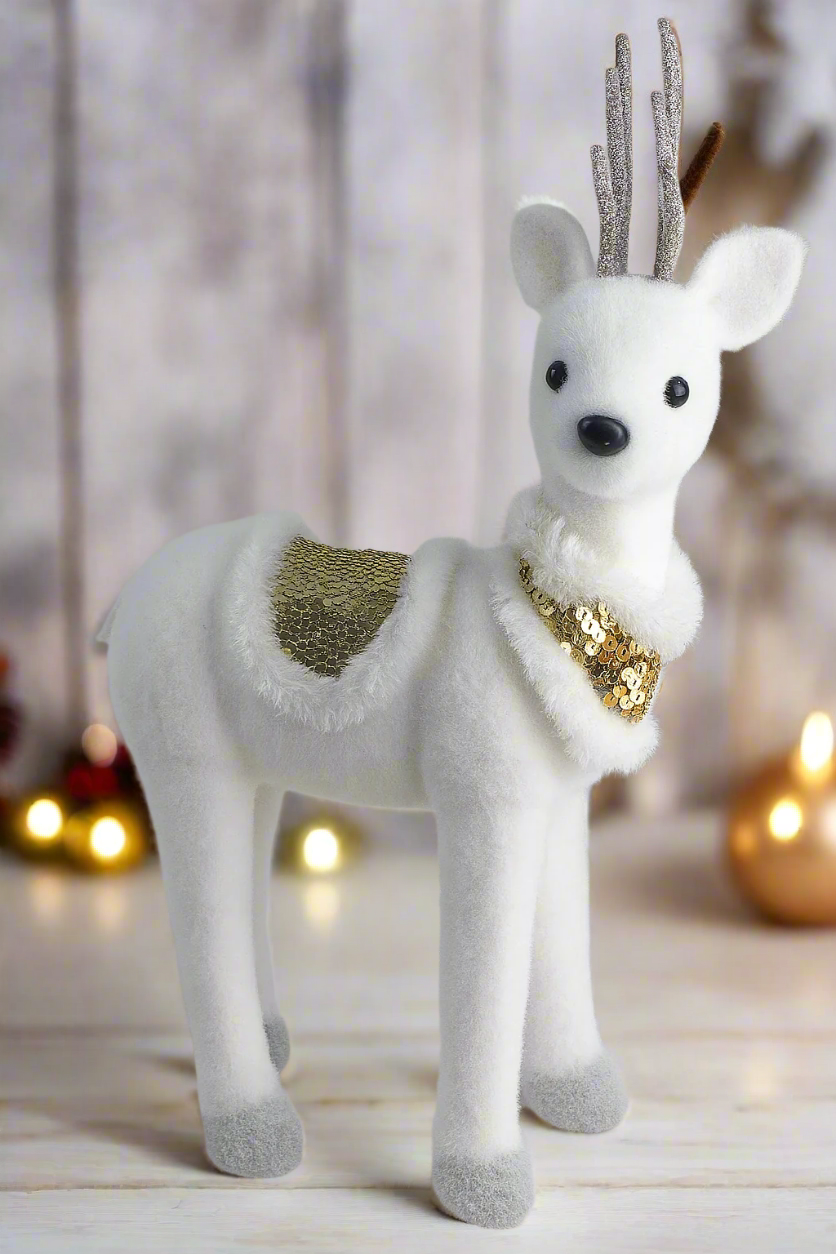 15" White & Gold Sequin Deco Deer