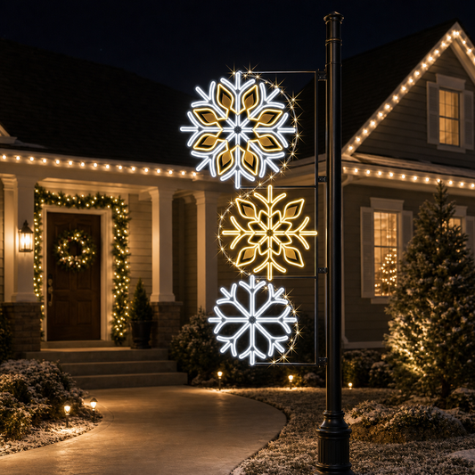6.5 FT X 3 FT Pure White & Warm White LED Snowflake Pole Banner