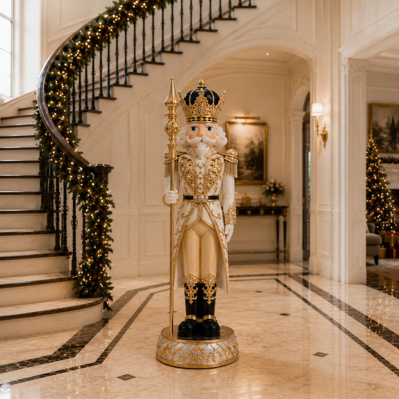 8 FT White & Gold King Nutcracker With Music & Warm White LED Lights
