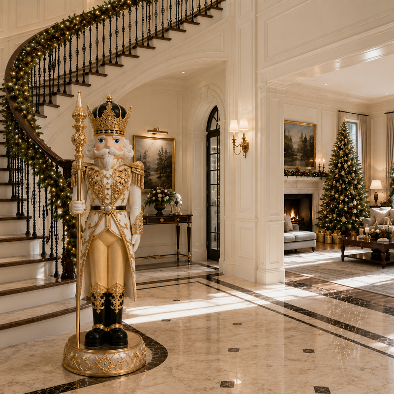 8 FT White & Gold King Nutcracker With Music & Warm White LED Lights