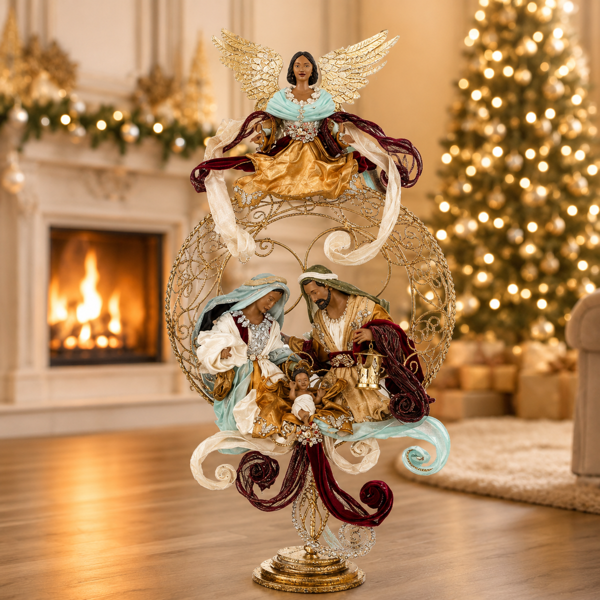 Natividad con pedestal de ángel grande afroamericano de 51 pulgadas Mark Roberts