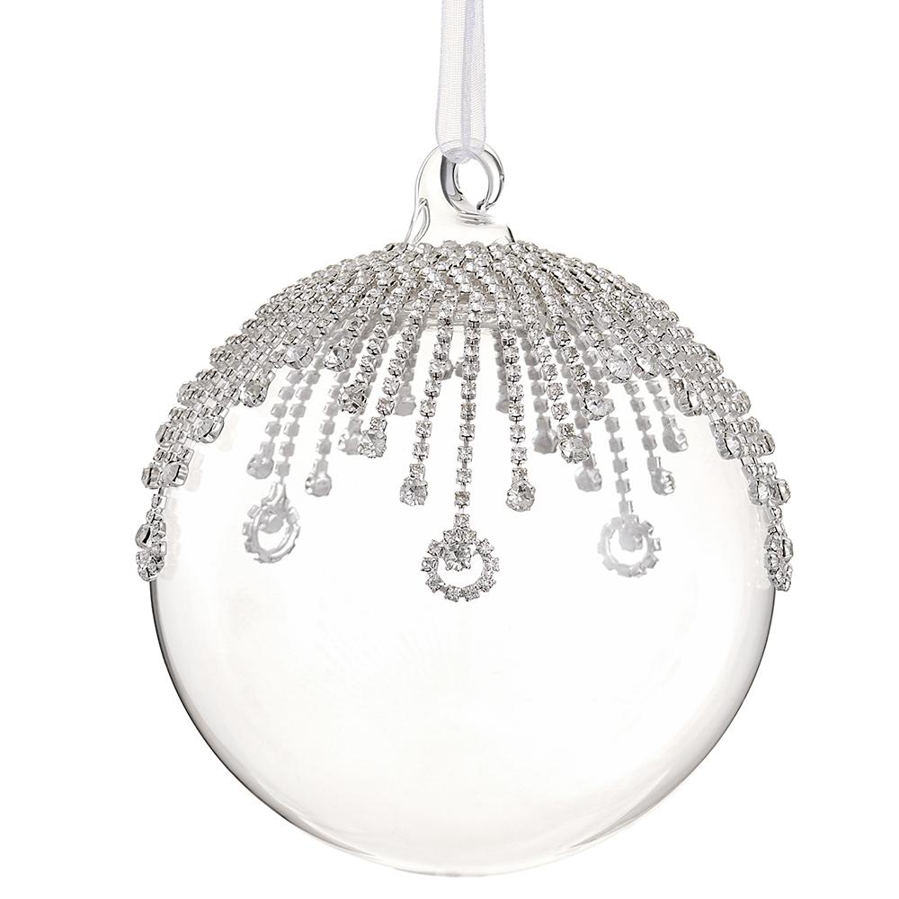 Clear Christmas ball ornament with silver embellishments on a white background