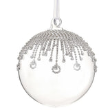 Clear Christmas ball ornament with silver embellishments on a white background