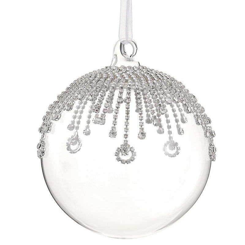Clear Christmas ball ornament with silver embellishments on a white background