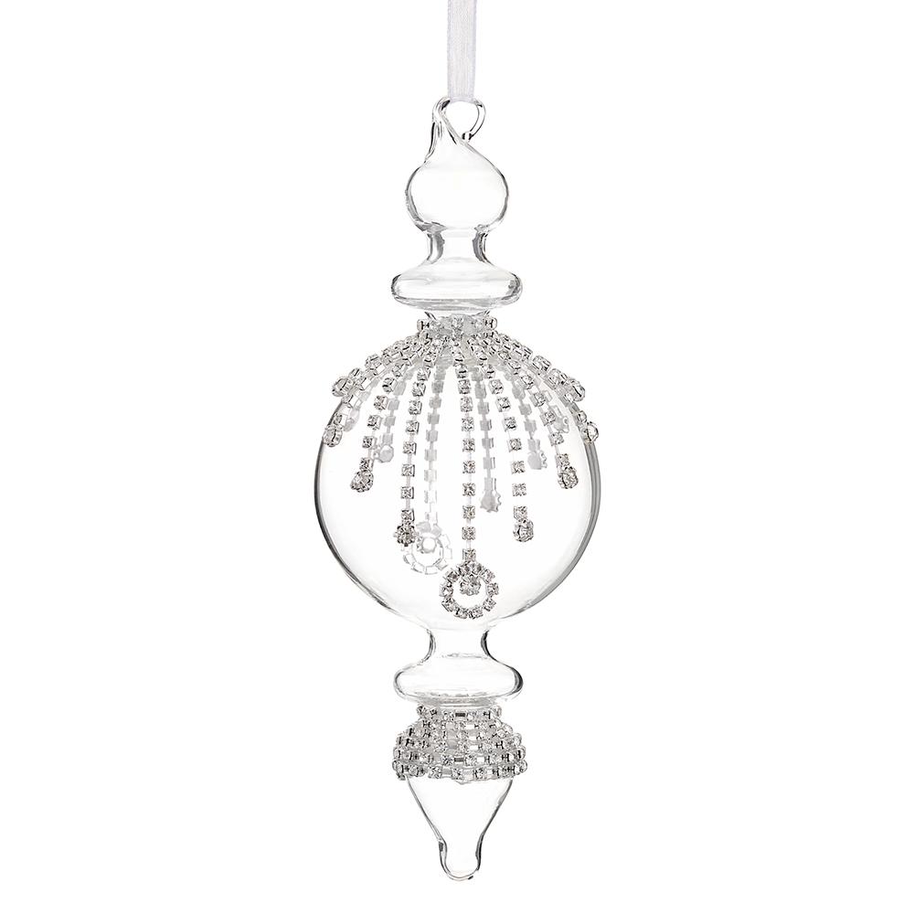 Decorative glass finial with crystal embellishments on a white background