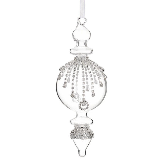 Decorative glass finial with crystal embellishments on a white background