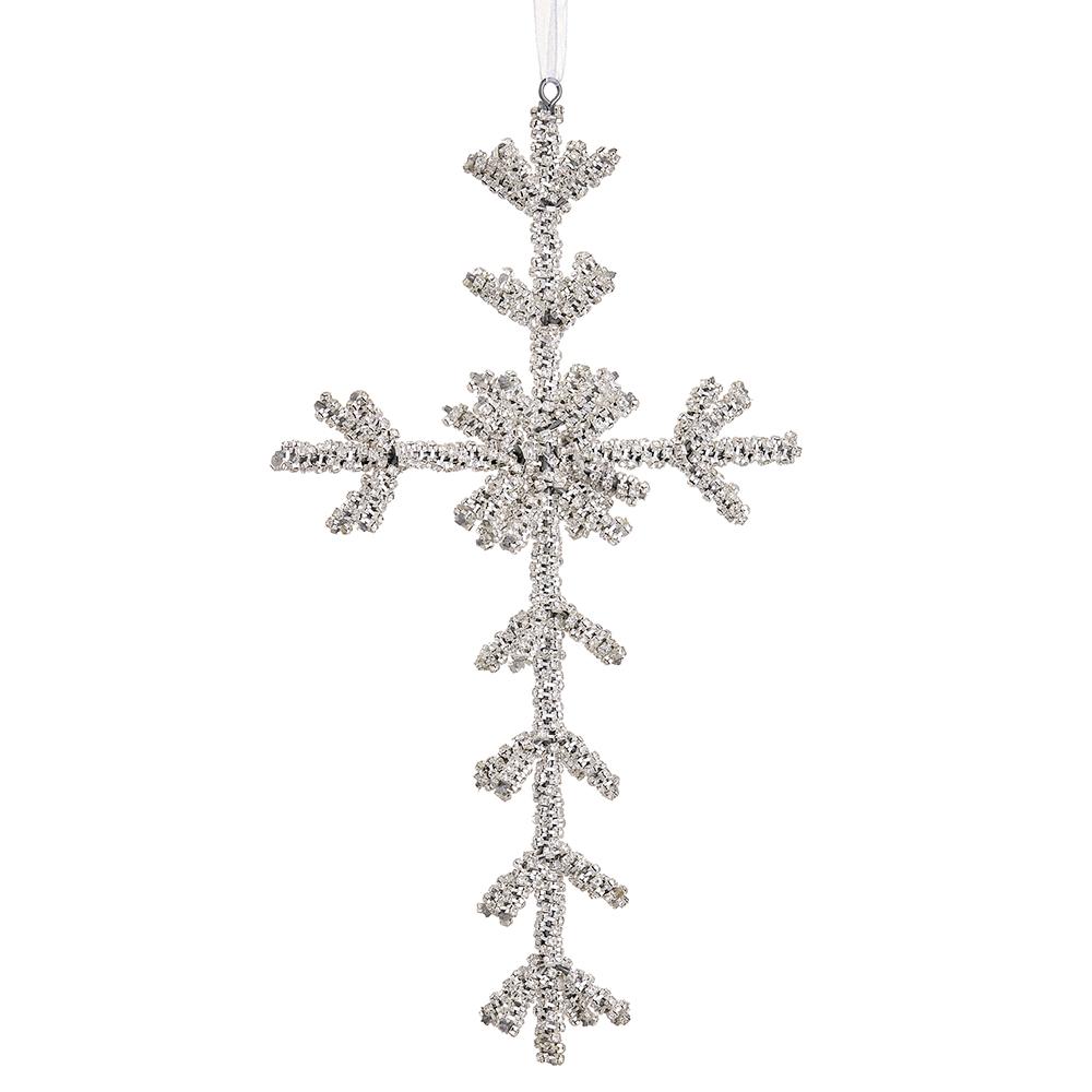 Decorative snowflake ornament with rhinestones on a white background
