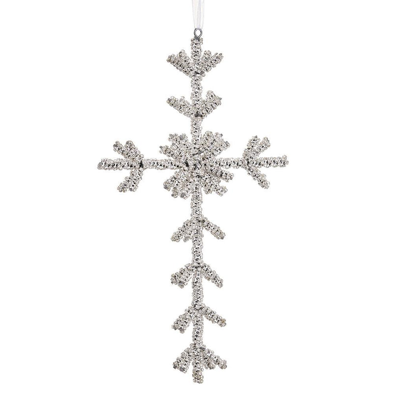 Decorative snowflake ornament with rhinestones on a white background