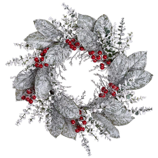 24" Snowy Berry Leaf Magnolia Wreath