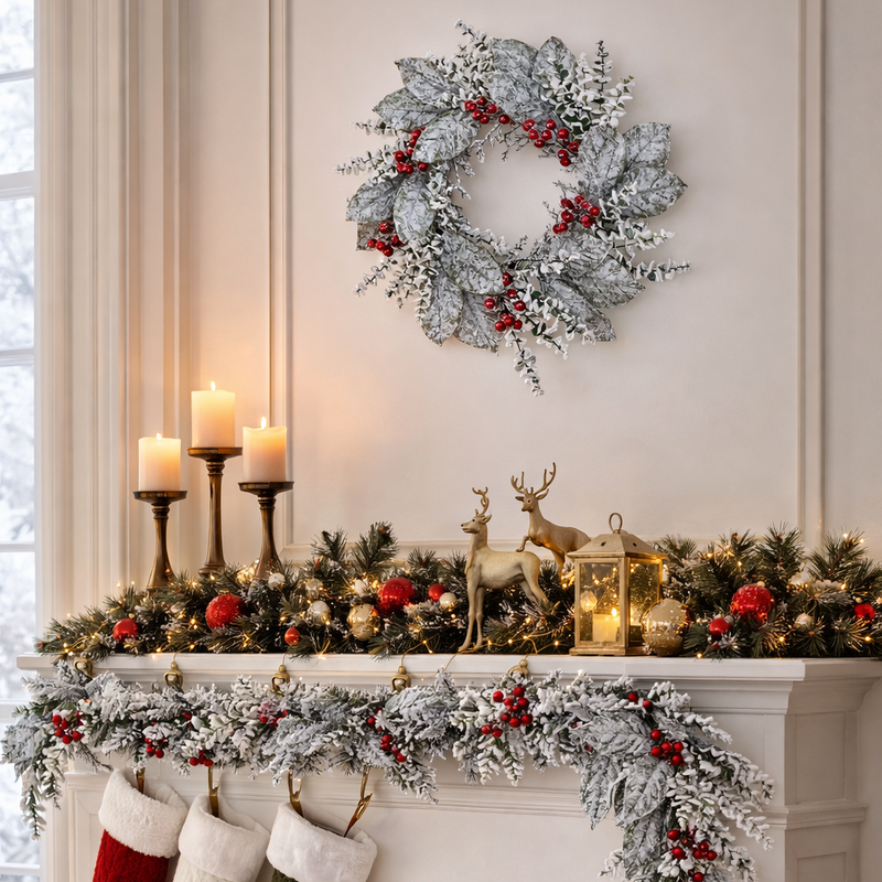 24" Snowy Berry Leaf Magnolia Wreath