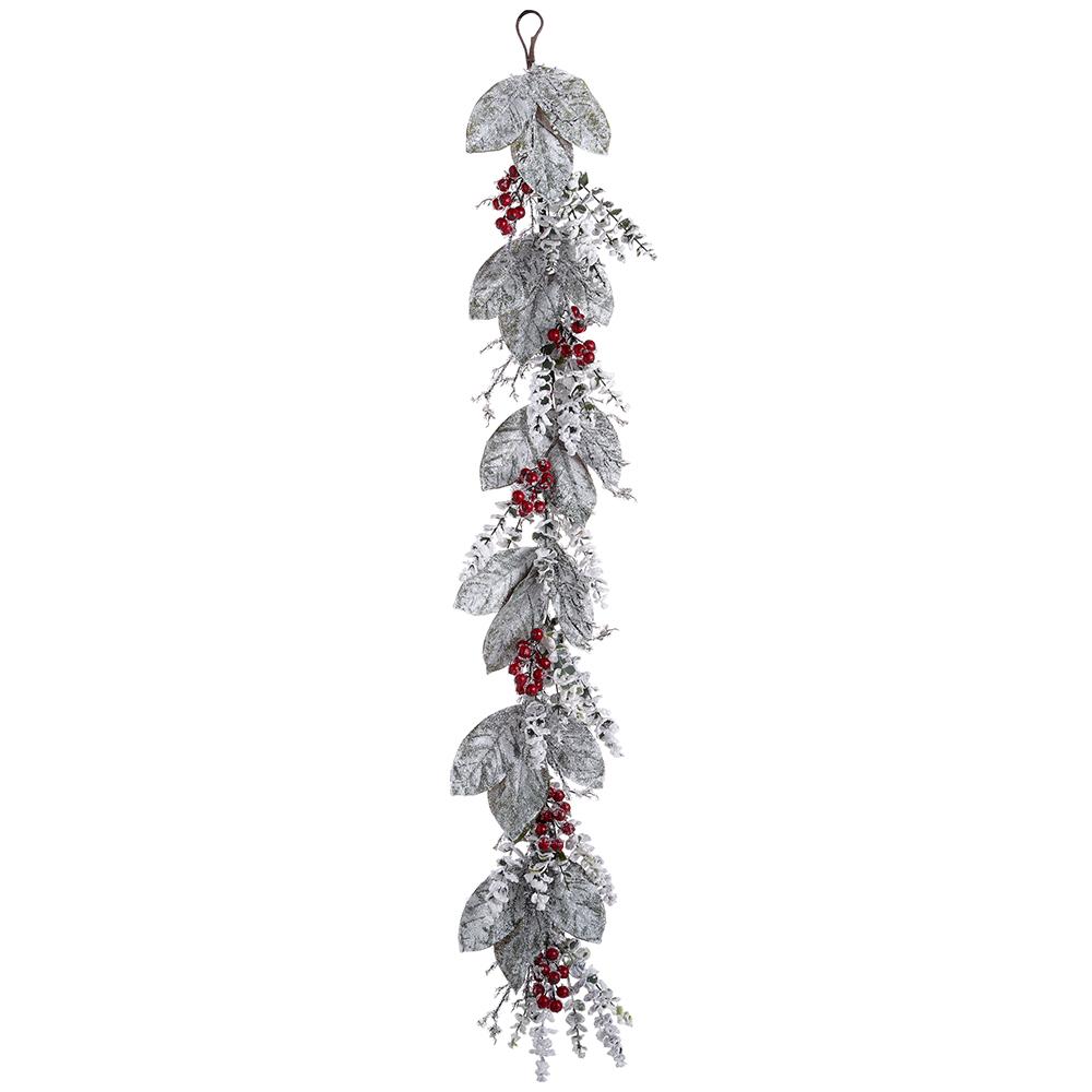 5 Ft Snowy Berry Leaf Magnolia Garland